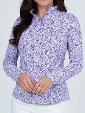 NWT IBKUL Leslie Print Quarter-Zip Long Sleeve Mock Neck Top S